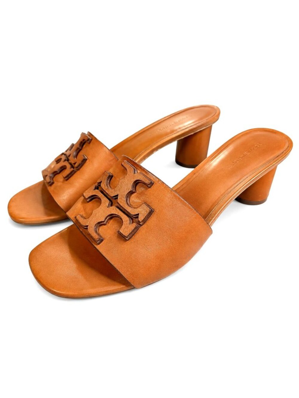 Tory Burch Ines Heeled Mules 8 Tan Shoes Stacked Logo Leather 147130 MSRP $325